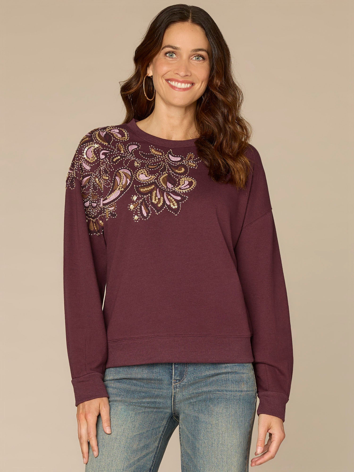 Long Sleeve Crew Neck Knit Sweatshirt with Abstract Beaded Embroidery