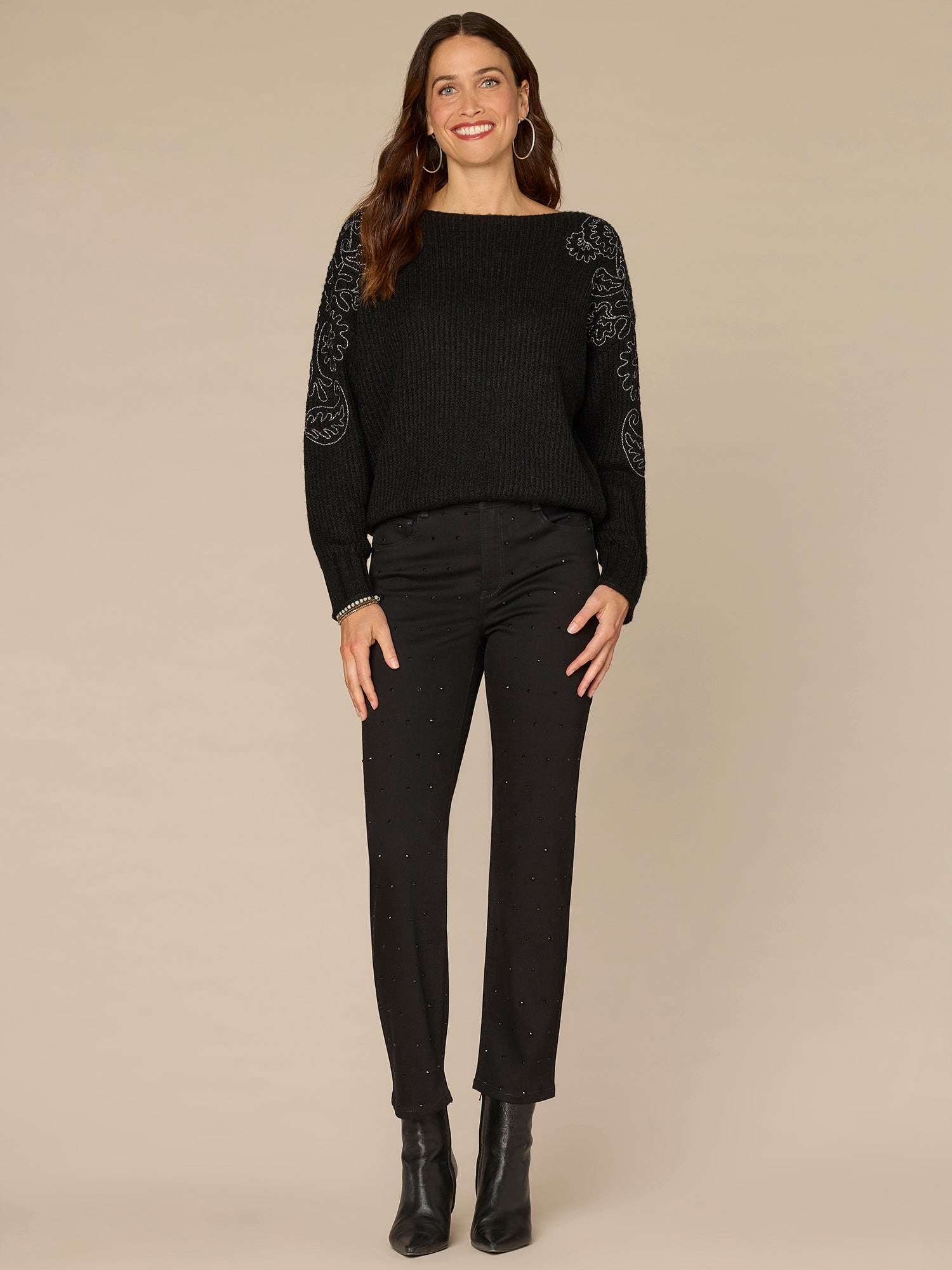 Long Sleeve Boat Neck Embroidered Shoulder Pull Over Sweater