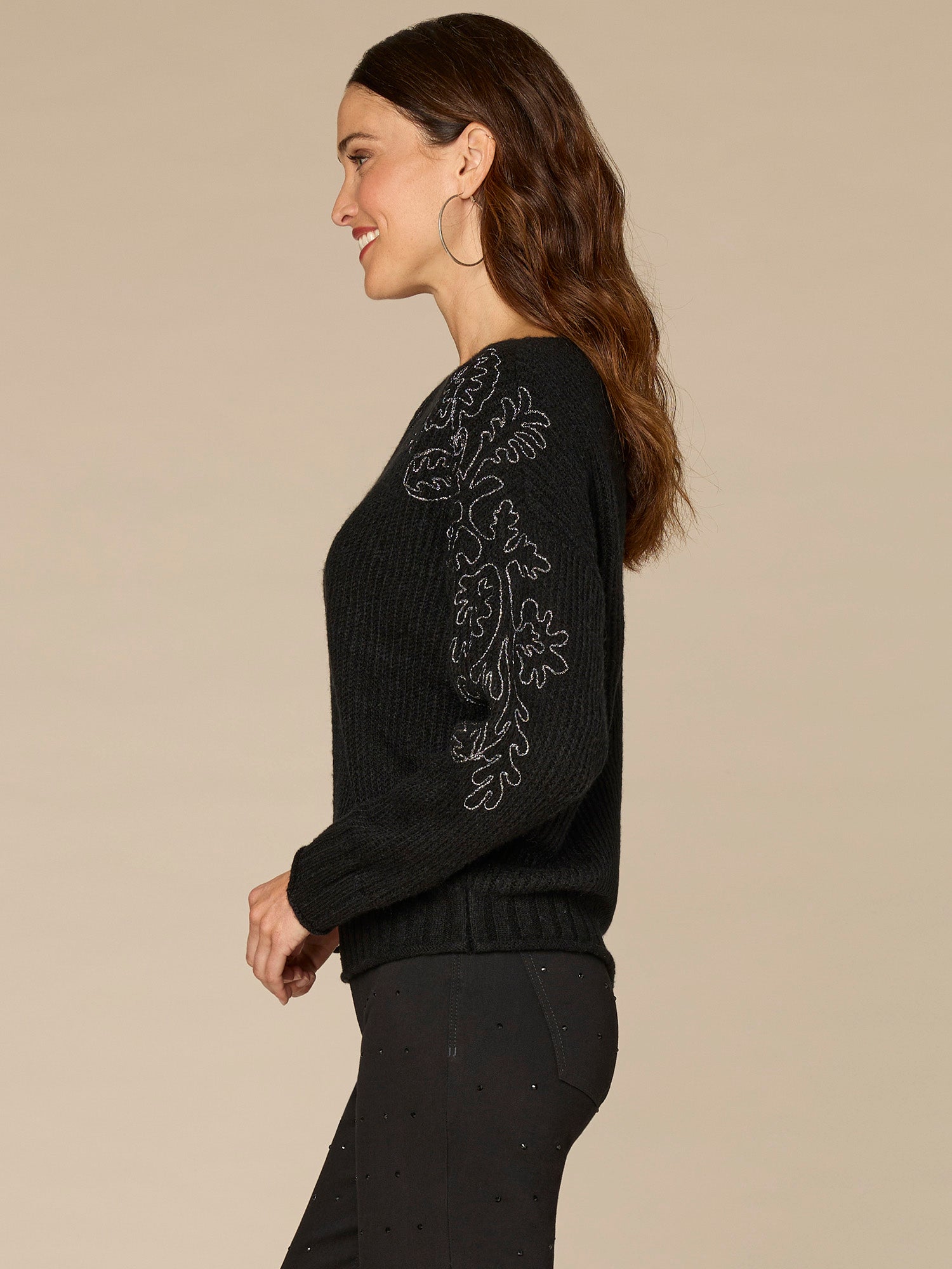 Long Sleeve Boat Neck Embroidered Shoulder Petite Pull Over Sweater