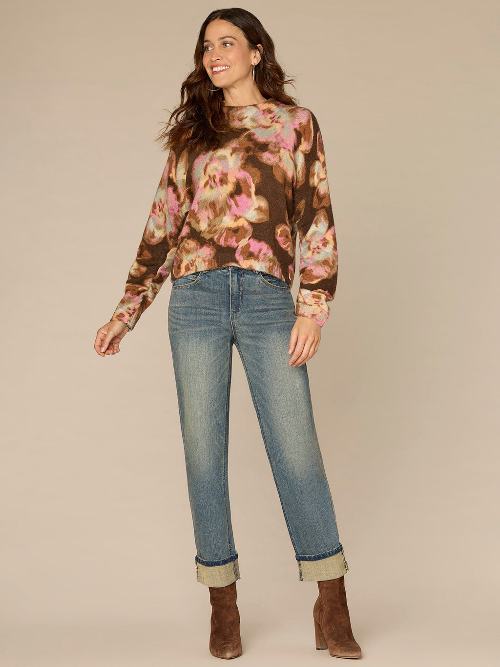 Long Ruched Sleeve Round Mock Neck Abstract Floral Print Sweater