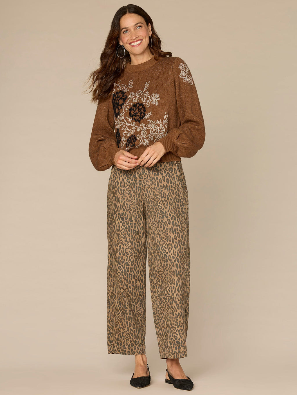 Long Blouson Sleeve Mock Neck Placement Floral Jacquard Sweater