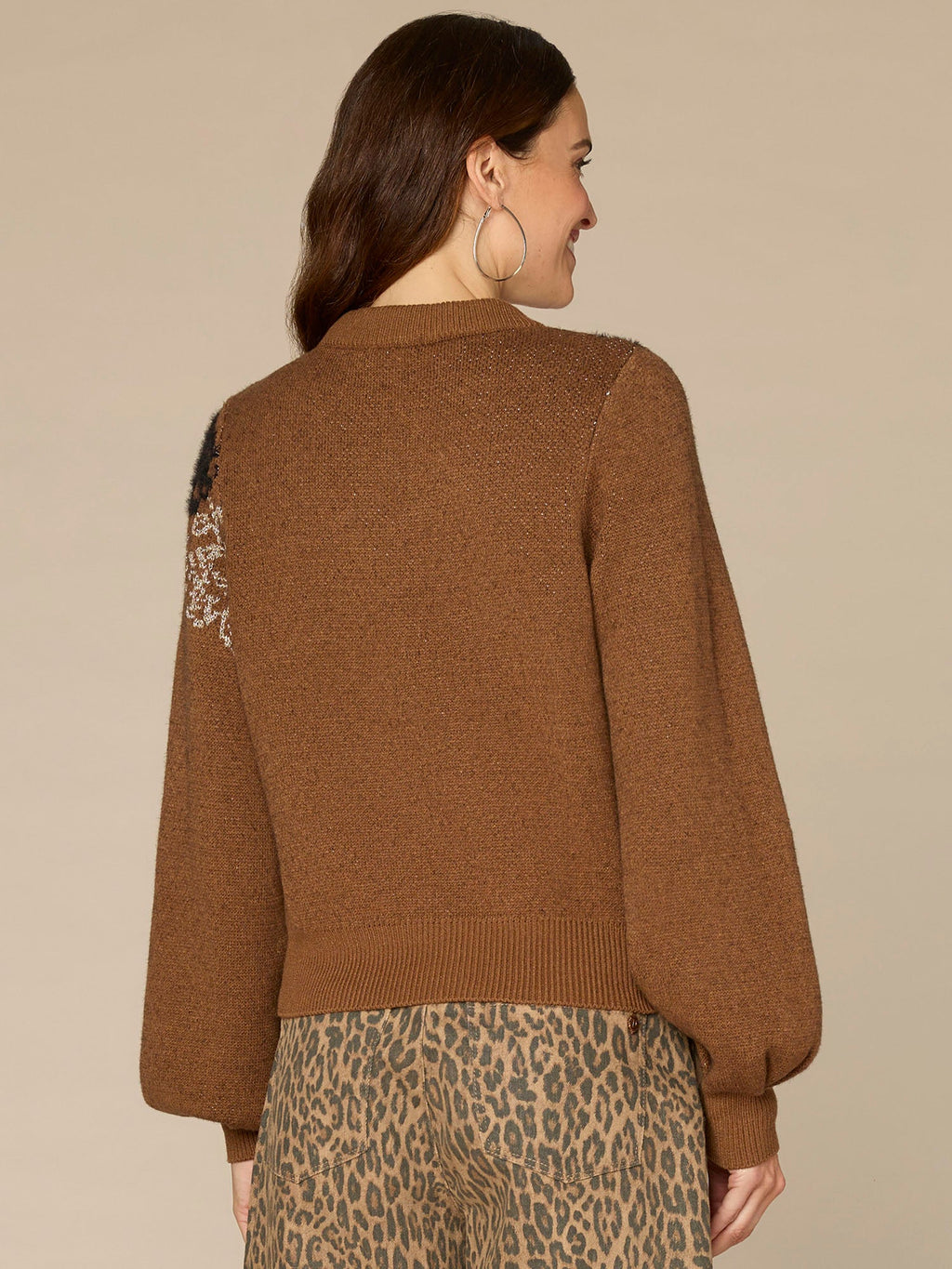 Long Blouson Sleeve Mock Neck Placement Floral Petite Jacquard Sweater