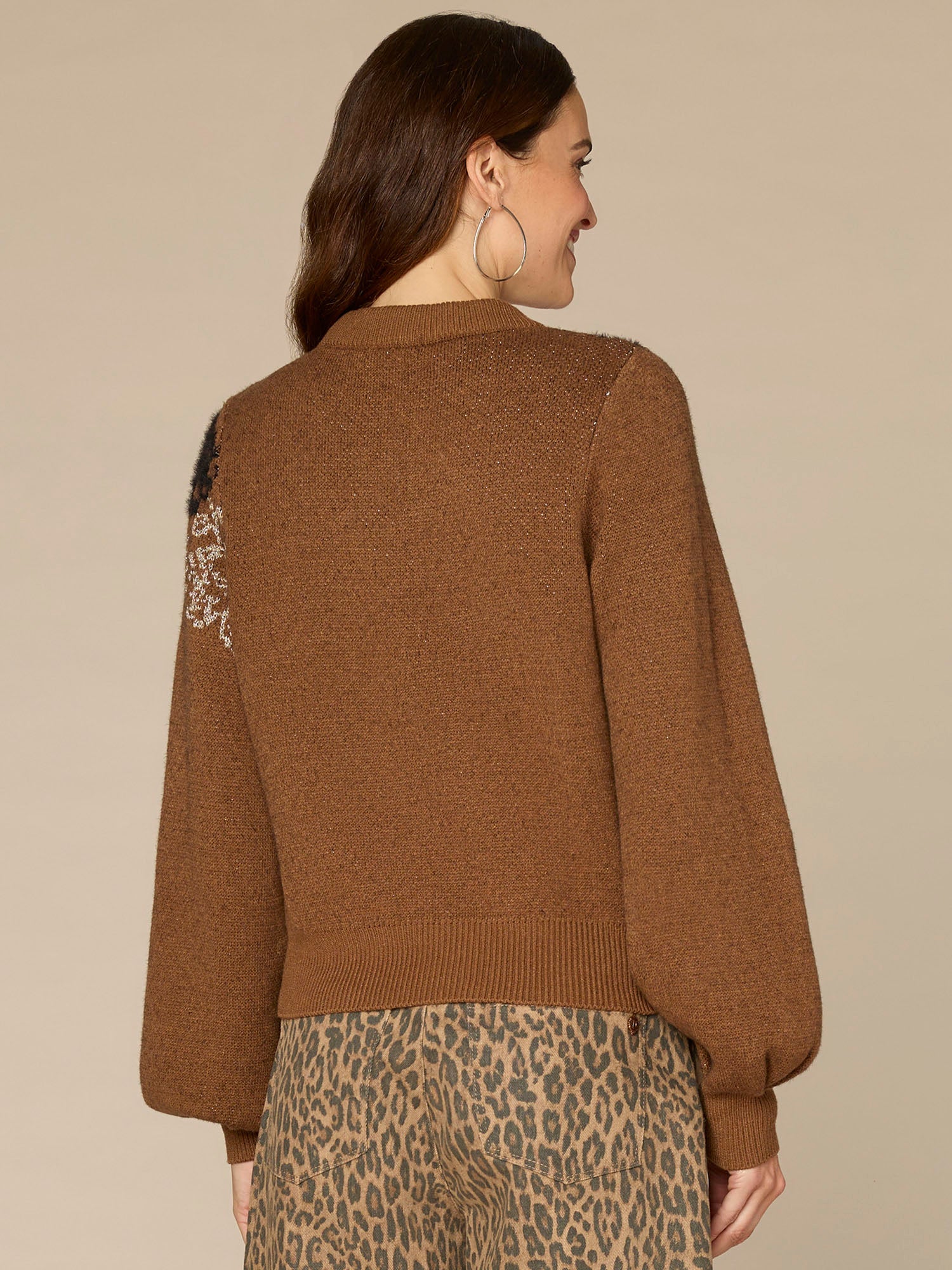 Long Blouson Sleeve Mock Neck Placement Floral Petite Jacquard Sweater