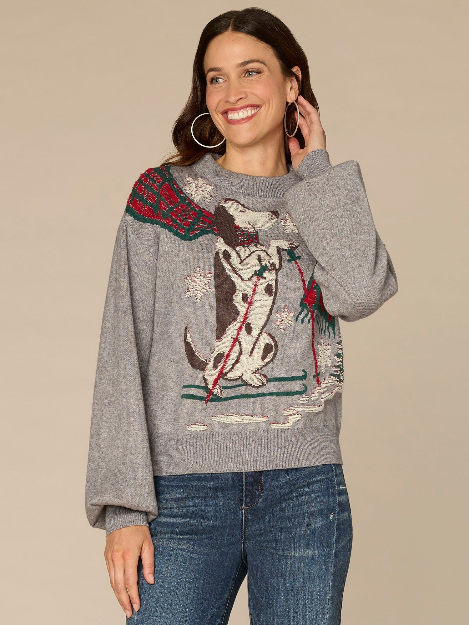 Long Sleeve High Round Neck Placement Skiing Dog Jacquard Sweater