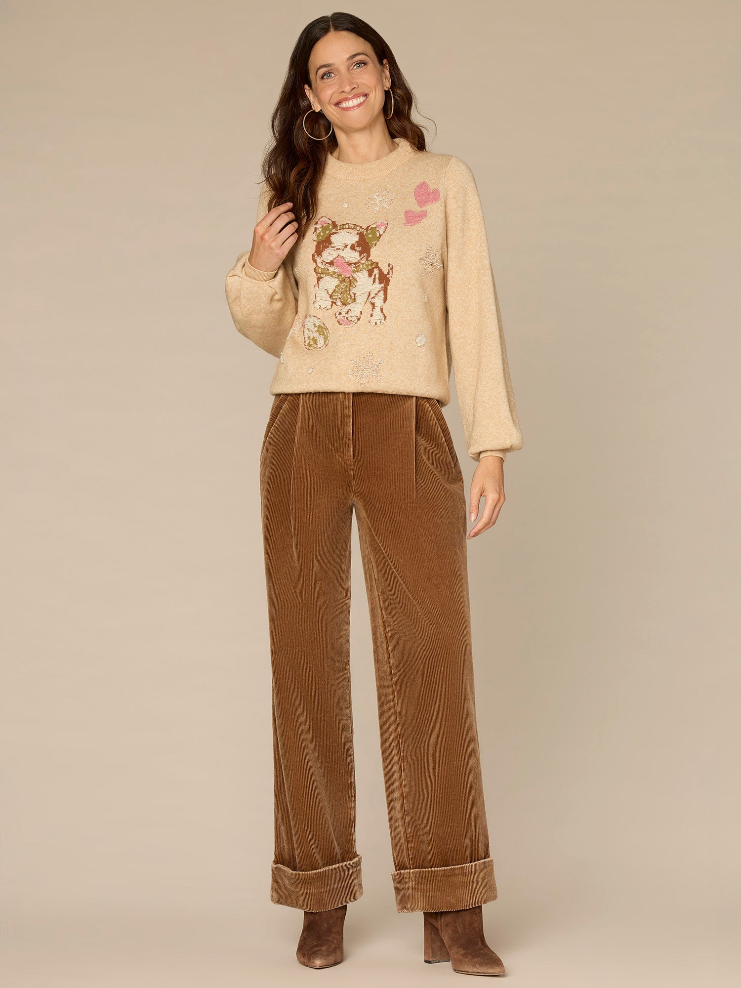 Long Sleeve High Round Neck Placement Dog Petite Jacquard Sweater