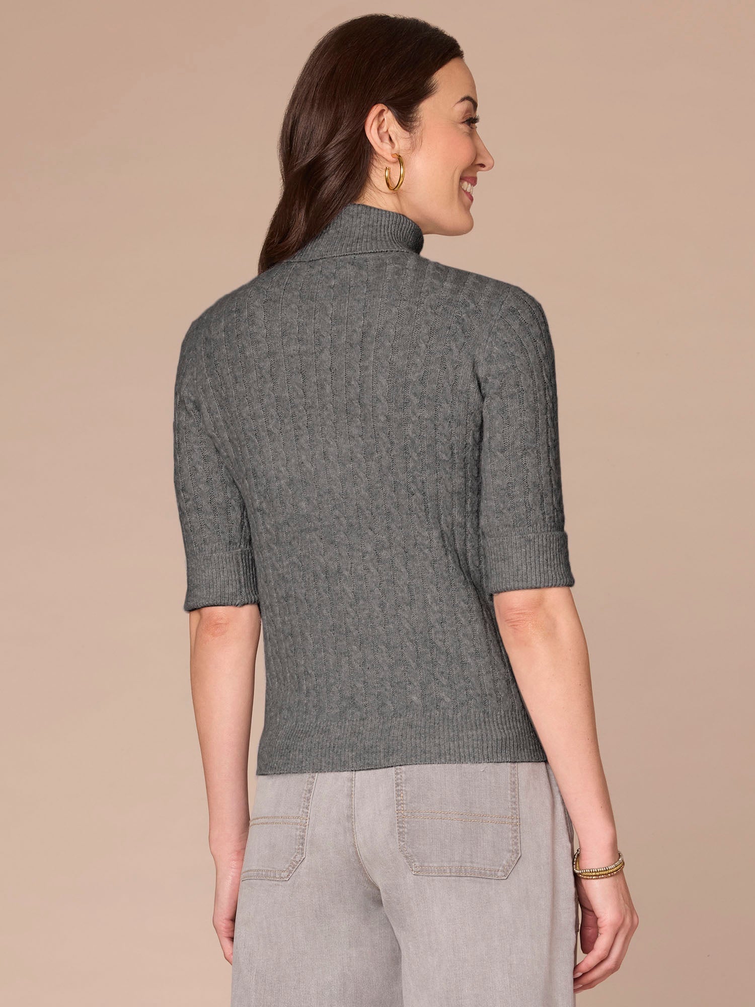 Cuffed Elbow Sleeve Turtle Neck Cable Stitch Mix Sweater