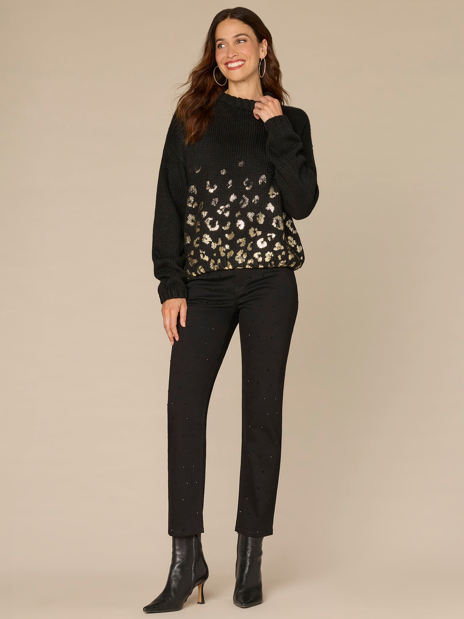 Ruched Sleeve Round Double Layer Neck Sweater with Ombre Foil Print