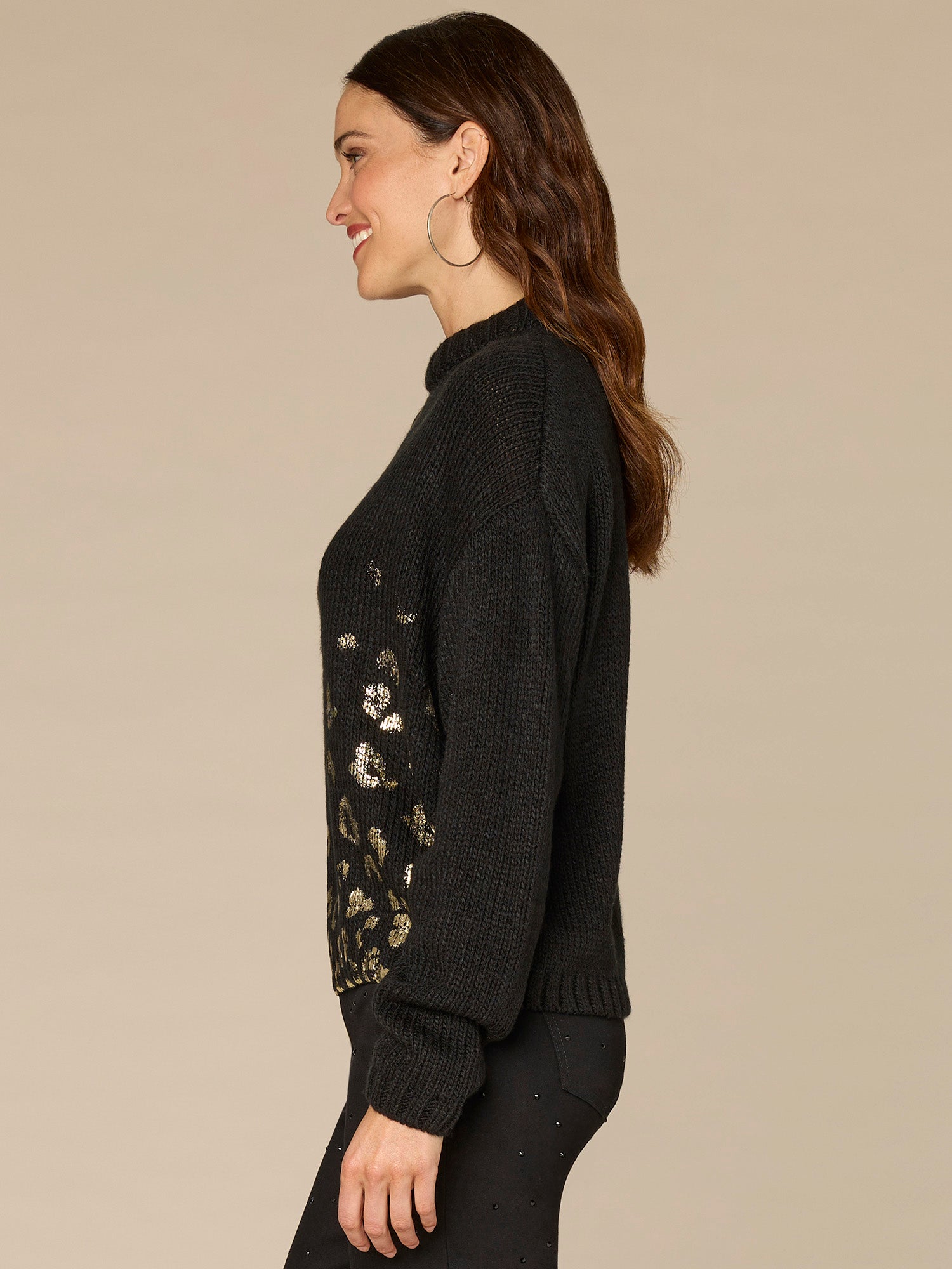 Ruched Sleeve Round Double Layer Neck Sweater with Ombre Foil Print