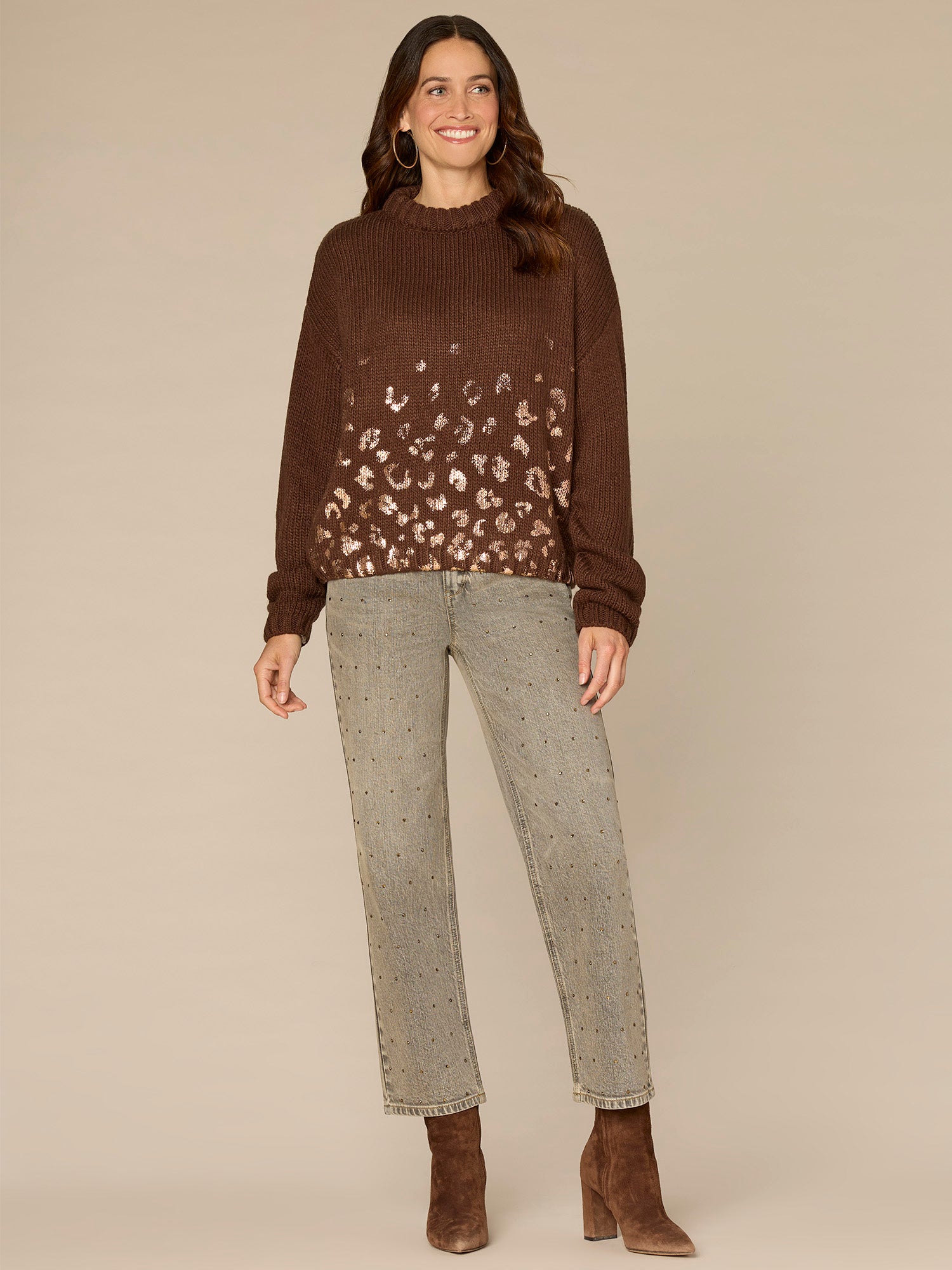 Ruched Sleeve Round Double Layer Neck Ombre Foil Petite Sweater