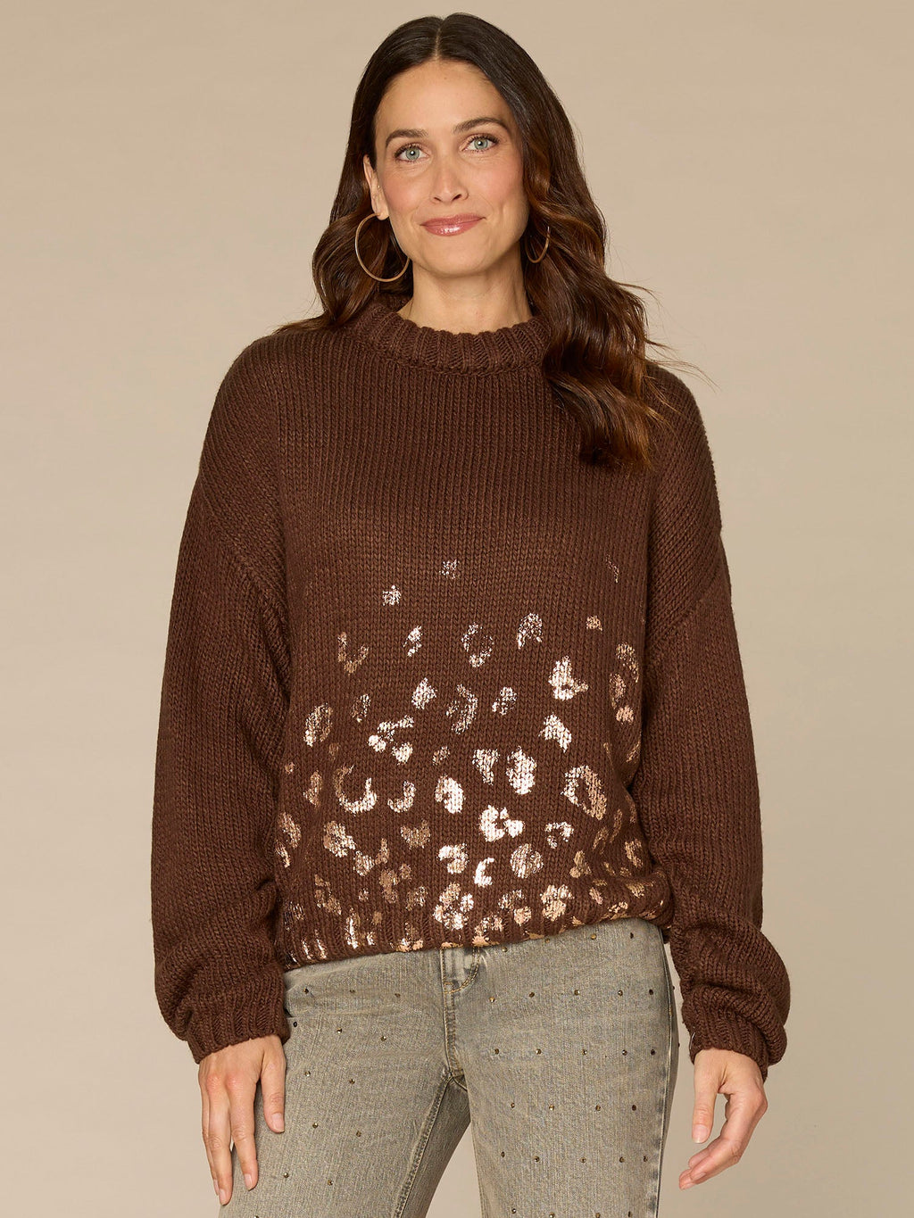 Ruched Sleeve Round Double Layer Neck Sweater with Ombre Foil Print