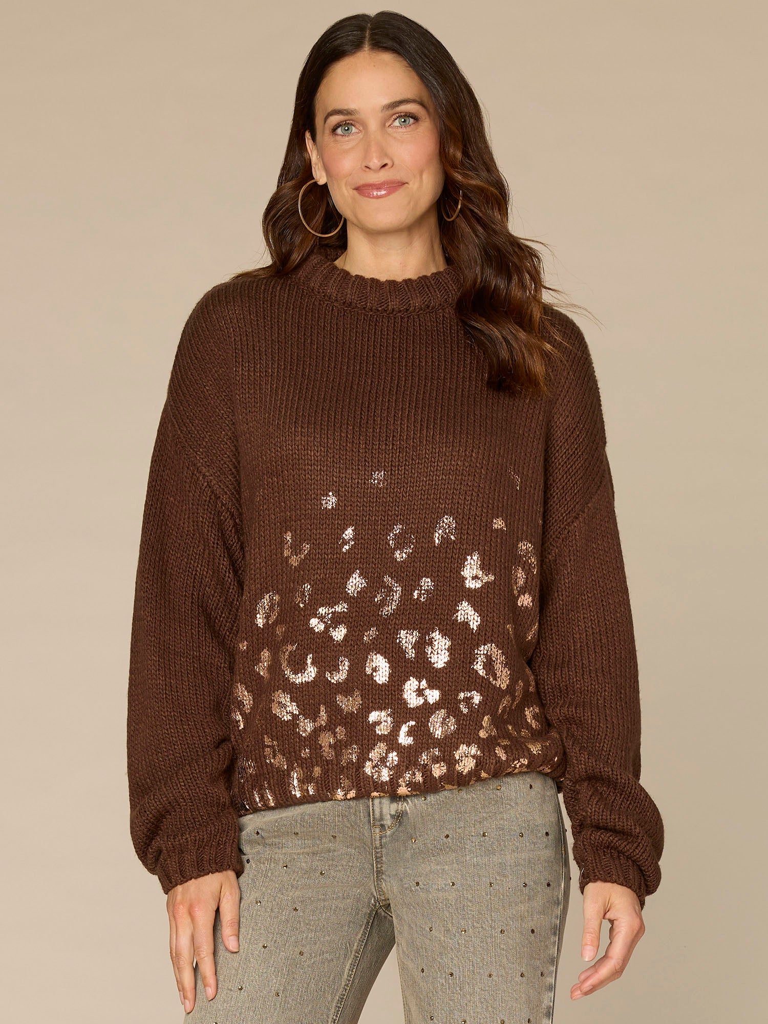 Ruched Sleeve Round Double Layer Neck Sweater with Ombre Foil Print