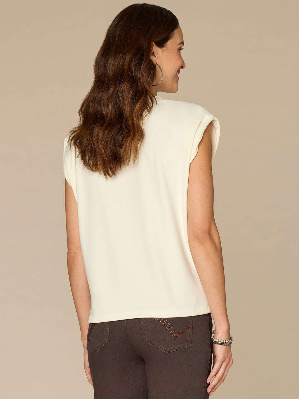 Extended Cap Sleeve Crew Neck Petite Knit Top with Rhinestone Cut Out