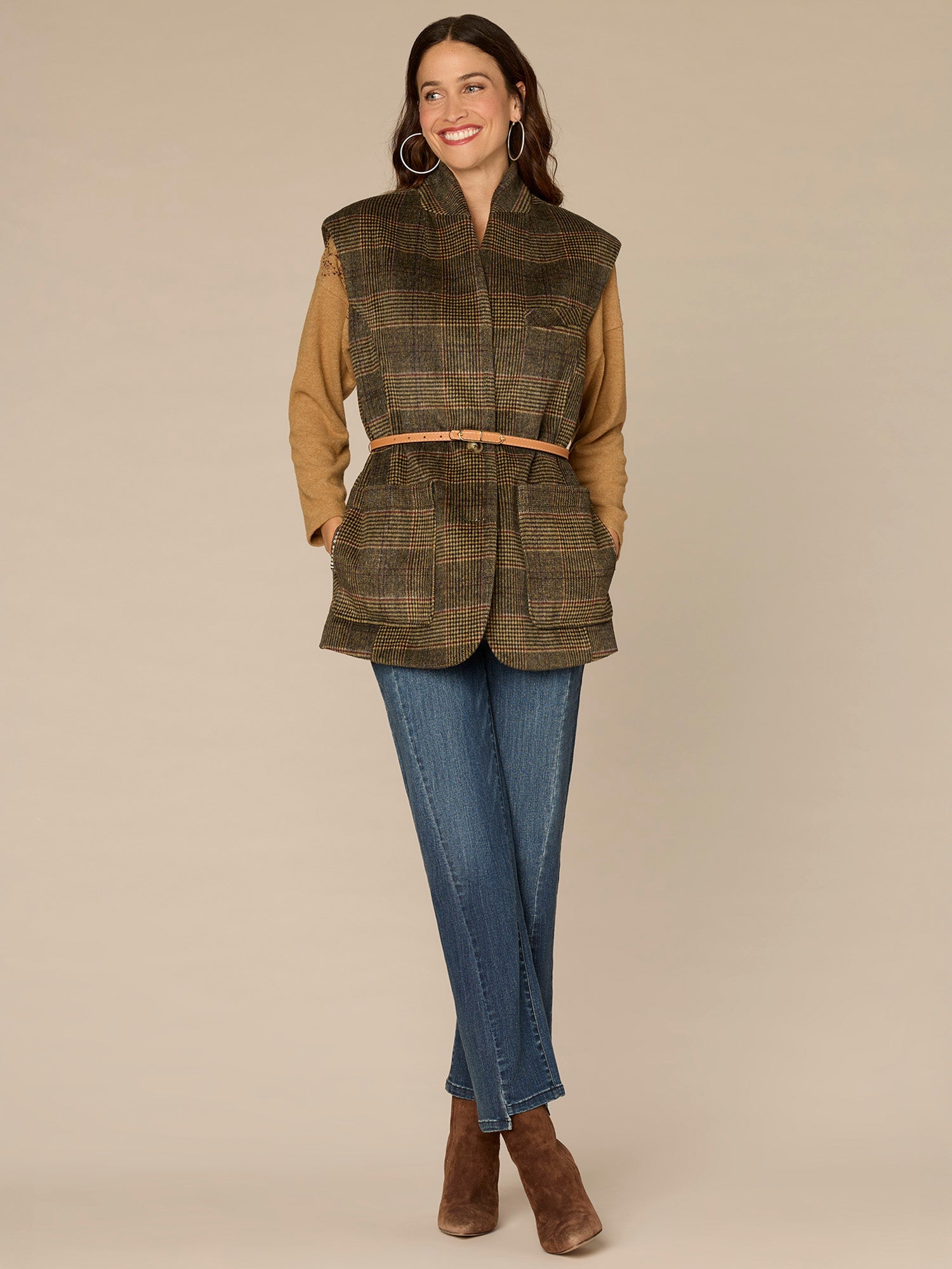 Cap Sleeve Stand Collar Button Front Elongated Woven Vest with Belt