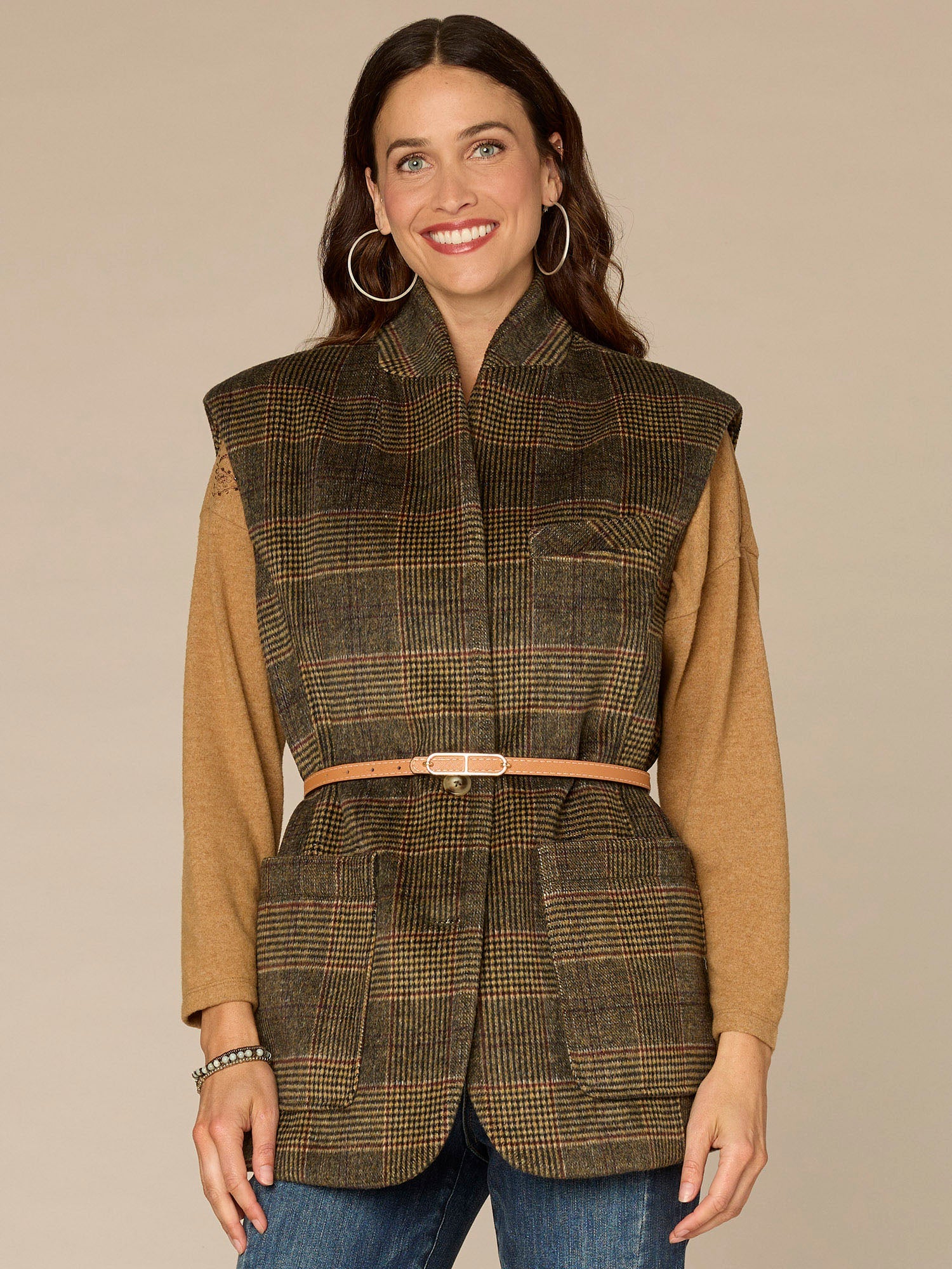 Cap Sleeve Stand Collar Button Front Elongated Woven Vest with Belt