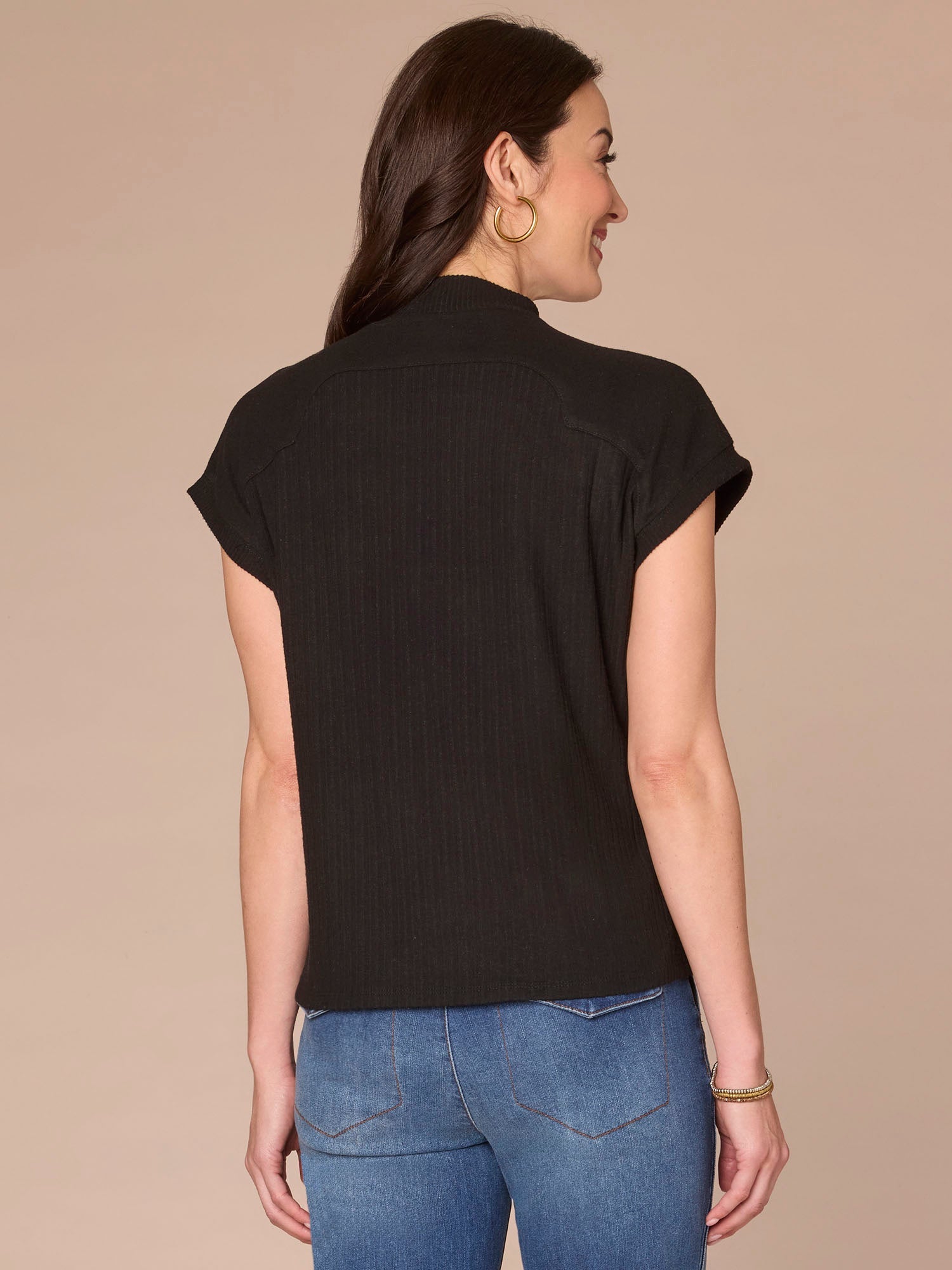 Extended Cap Sleeve Mock Neck Curved Placket Mixed Media Knit Top