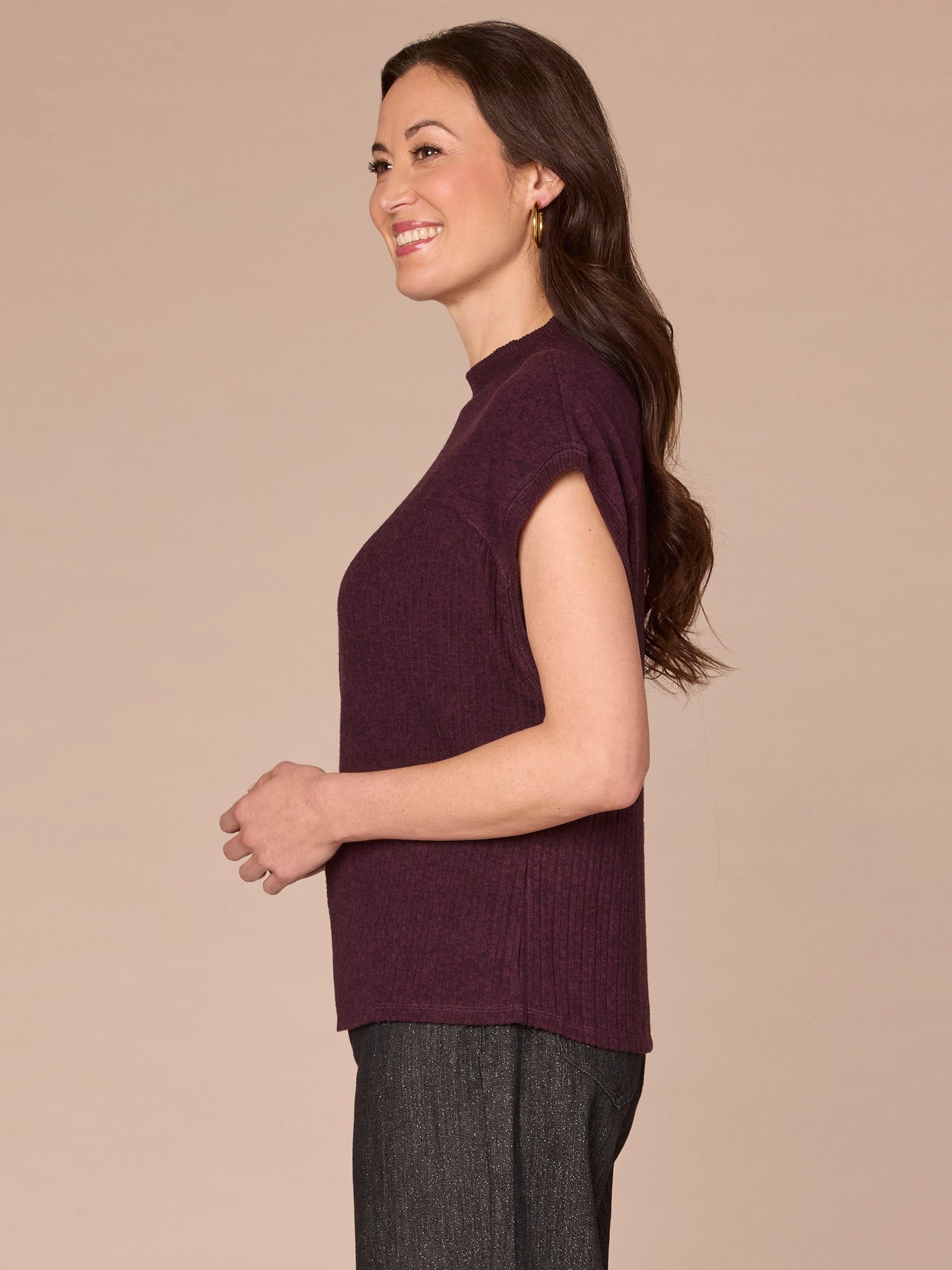 Extended Cap Sleeve Mock Neck Curved Placket Mixed Media Knit Top