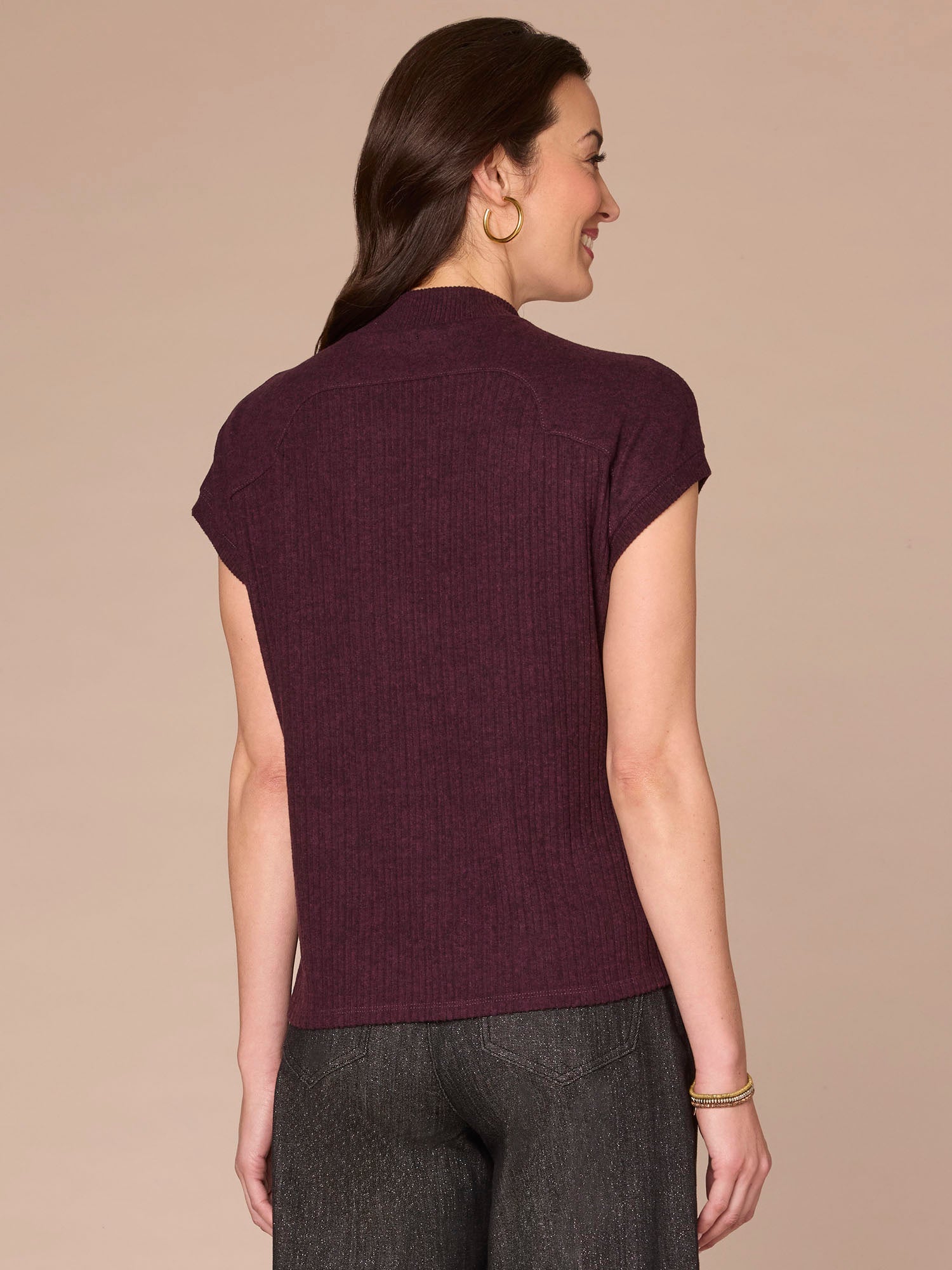 Extended Cap Sleeve Mock Neck Curved Placket Mixed Media Knit Top