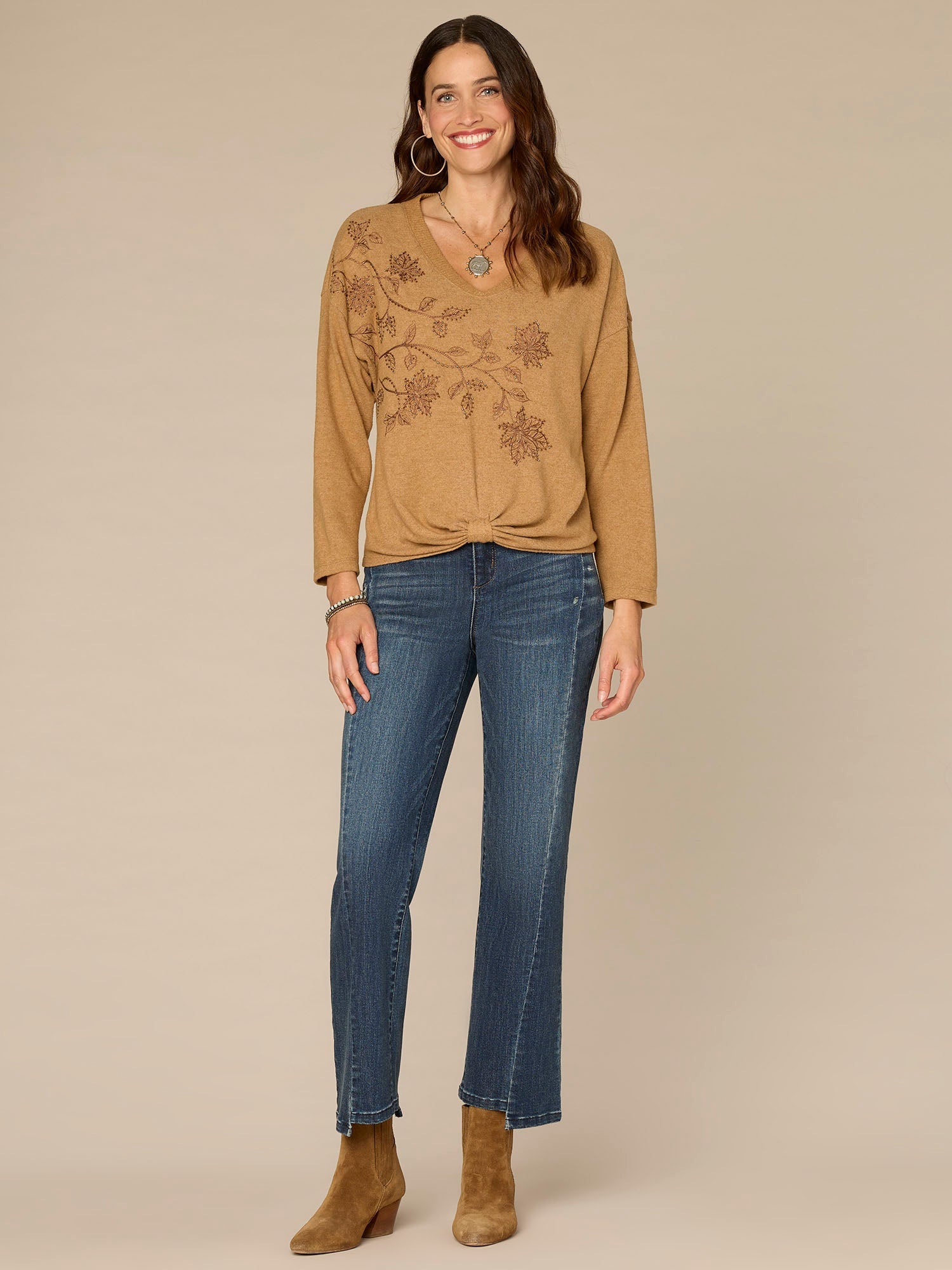 Long Sleeve V-Neck Knot Hem Beaded Petite Knit Top