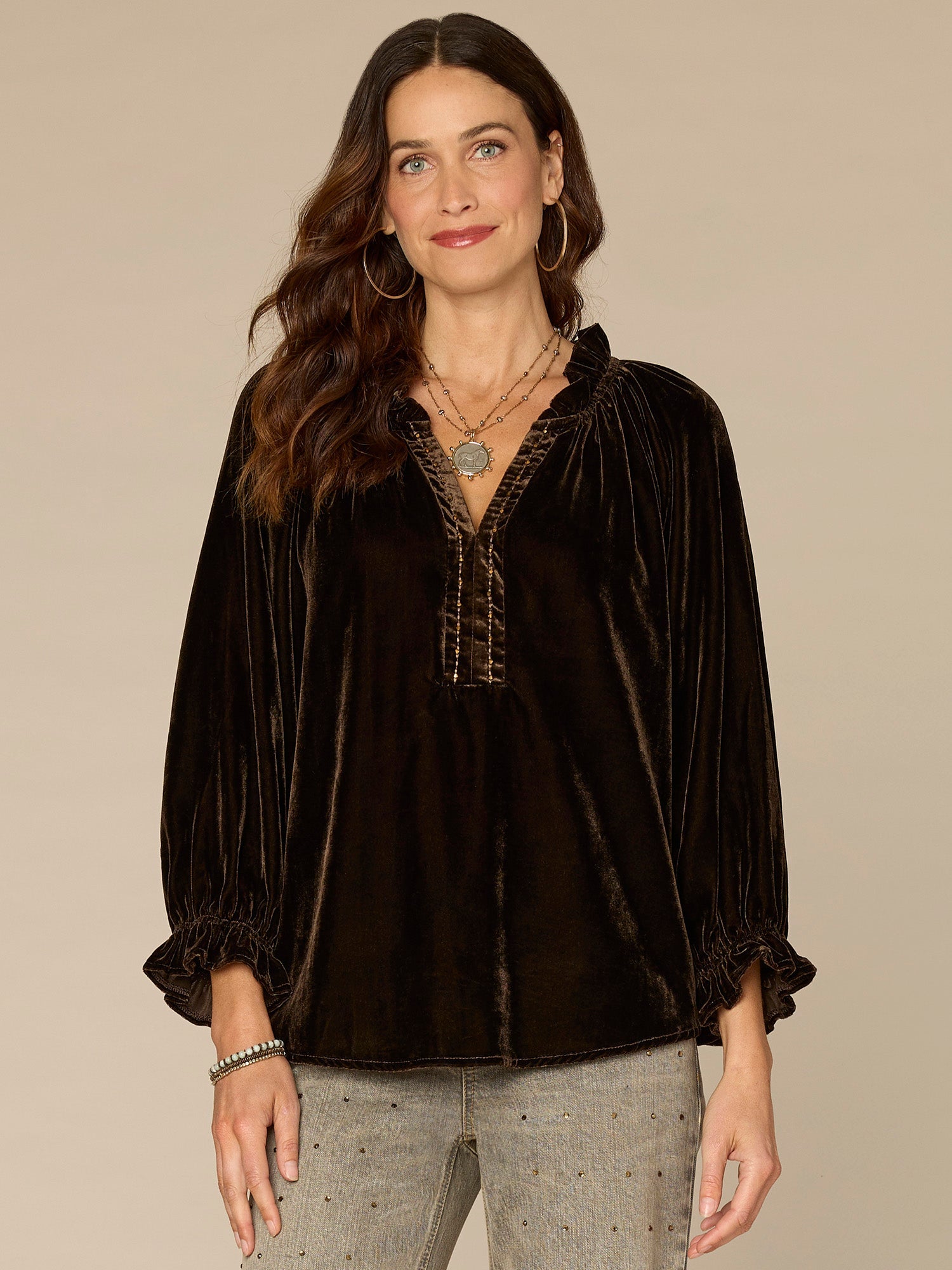 Three Quarter Blouson Sleeve Ruffle V-Neck Embroidered Woven Top
