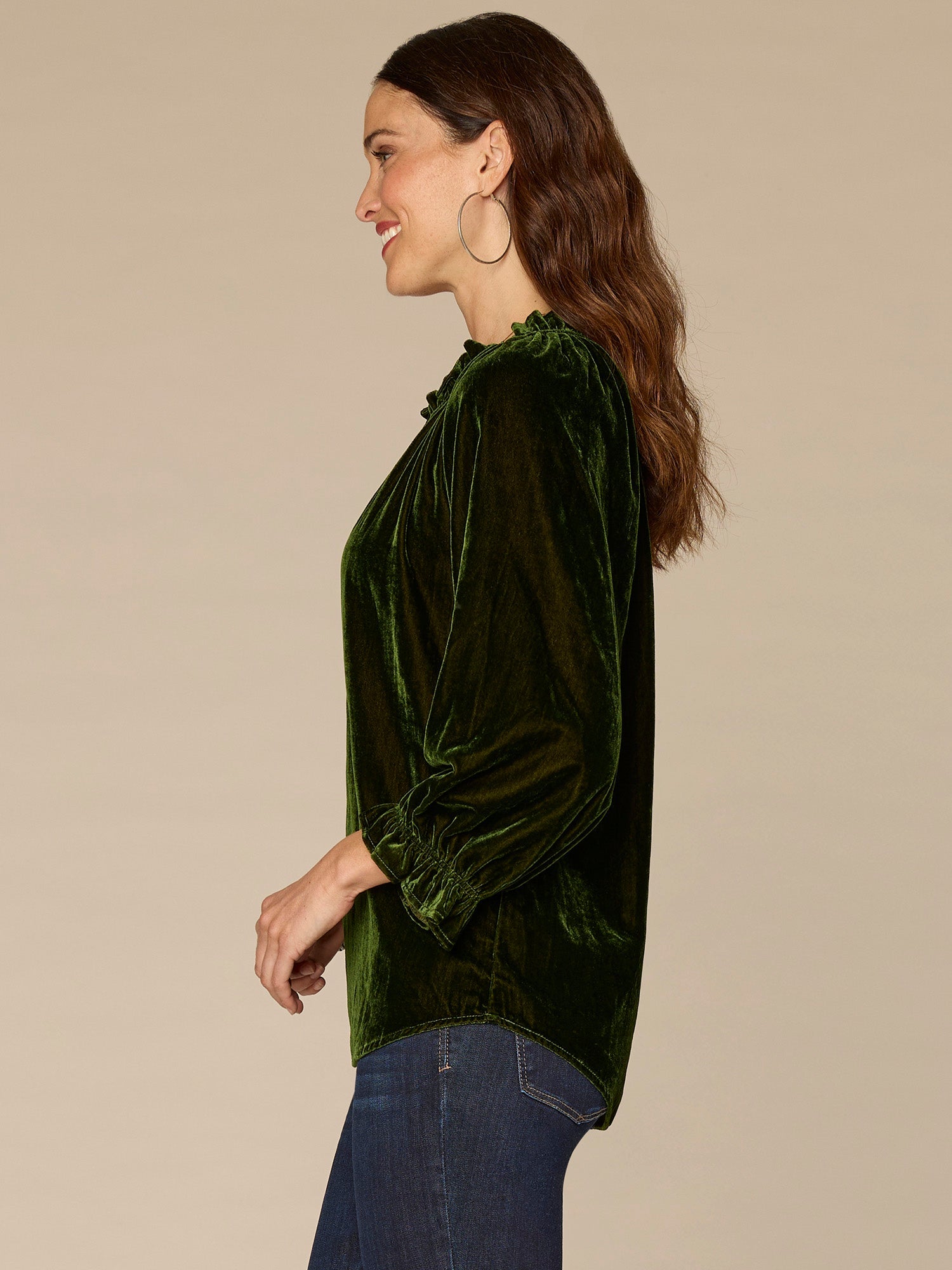 Three Quarter Blouson Sleeve V-Neck Embroidered Petite Woven Top