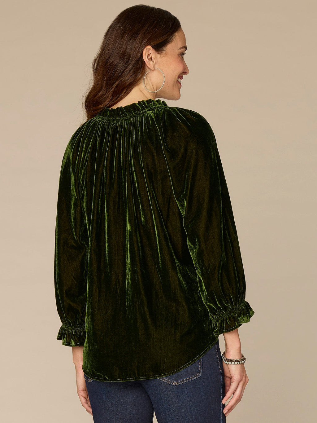 Three Quarter Blouson Sleeve V-Neck Embroidered Petite Woven Top