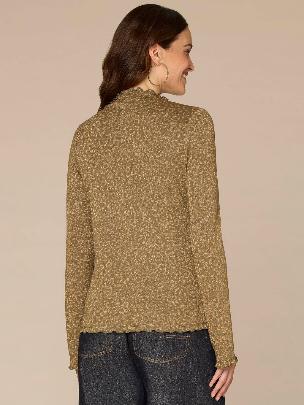 Long Bell Sleeve Mock Neck Knit Top with Lettuce Edge Detail