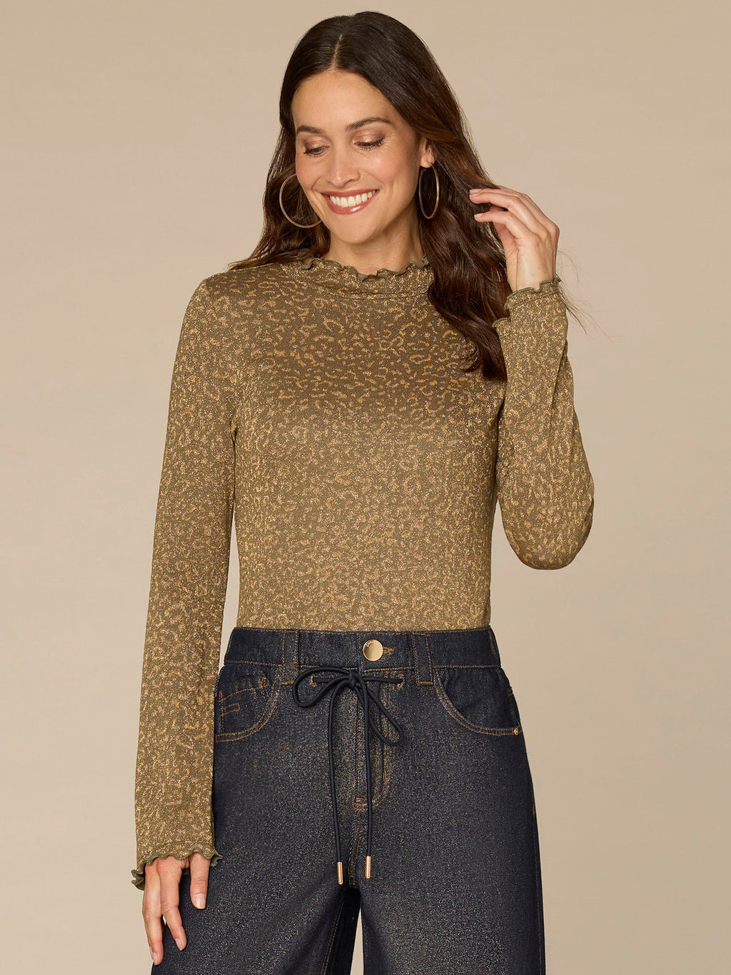 Long Bell Sleeve Mock Neck Knit Top with Lettuce Edge Detail
