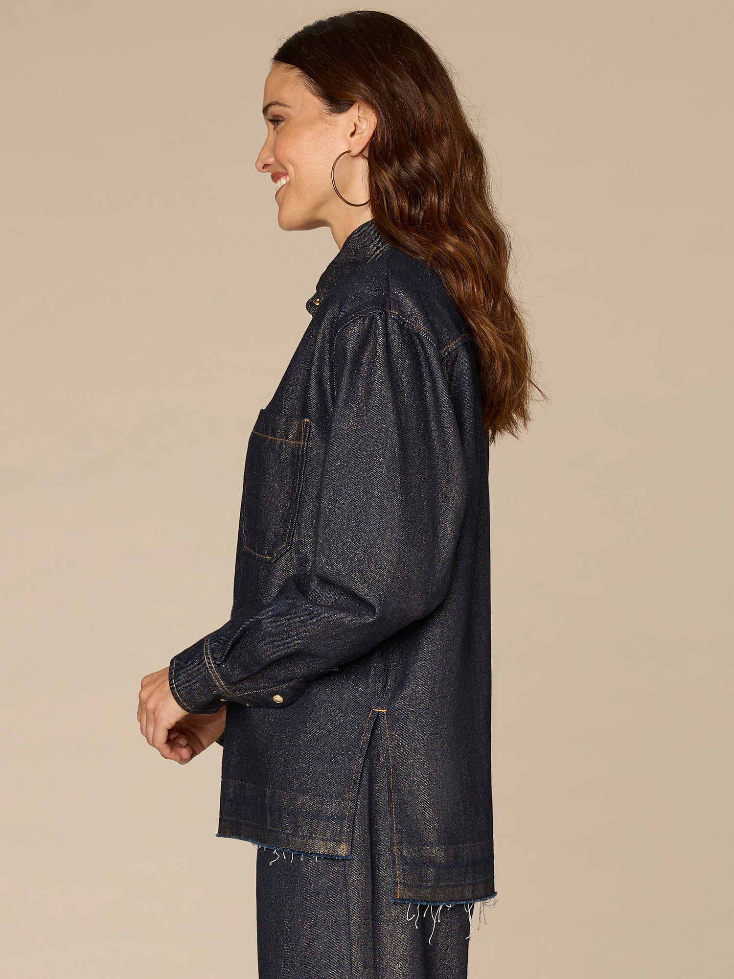 Long Sleeve Snap Button Release Hem Denim Shacket with Patch Pocket