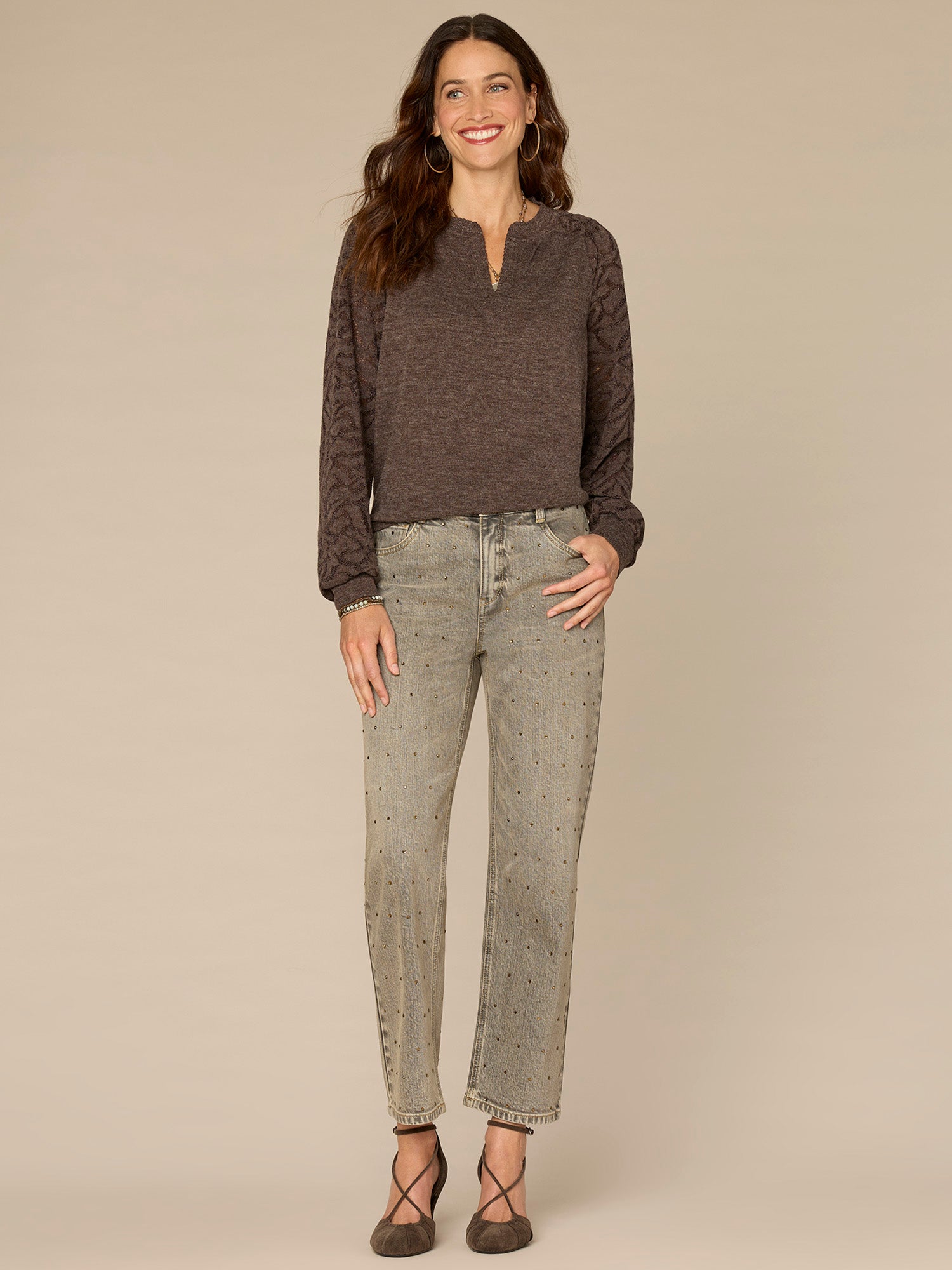 Long Sleeve Mandarin Collar Half Placket Mixed Media Petite Knit Top