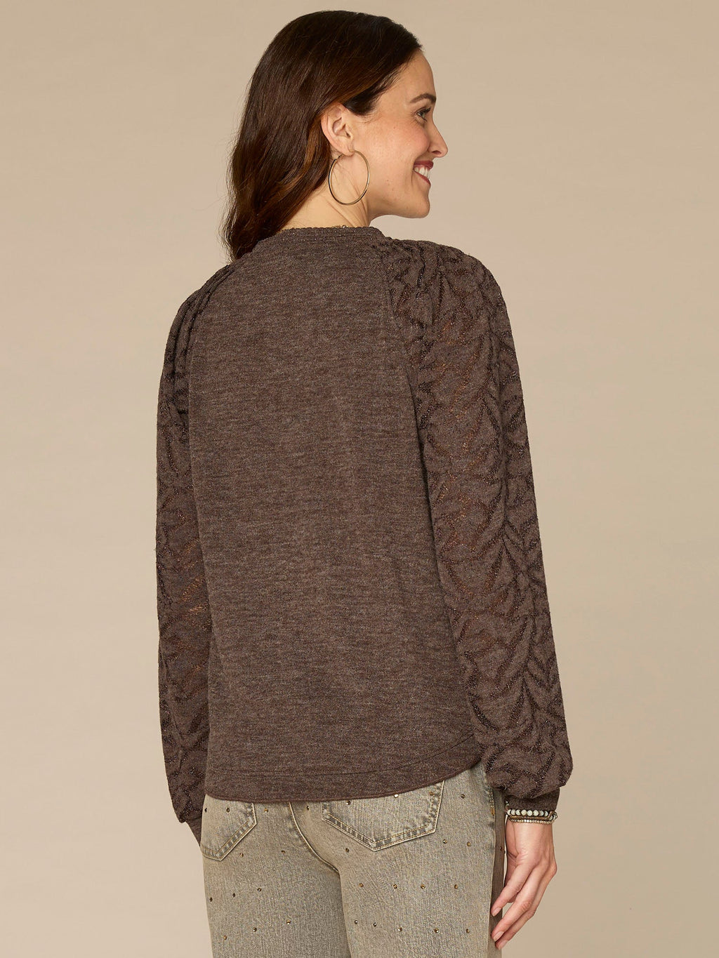 Long Blouson Sleeve Mandarin Collar Half Placket Mixed Media Knit Top