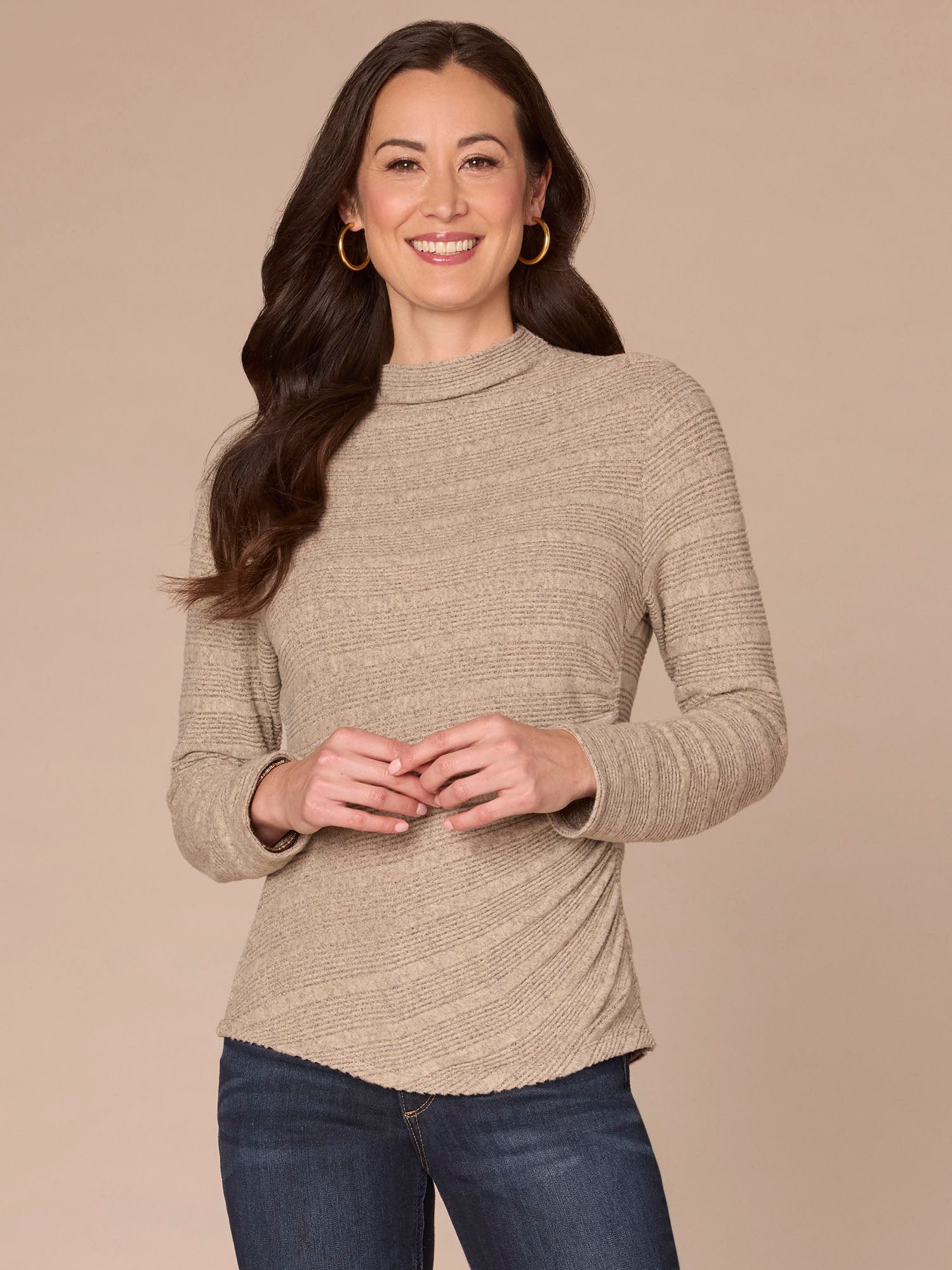 Long Sleeve Mock Neck Asymmetrical Side Ruching Petite Knit Top