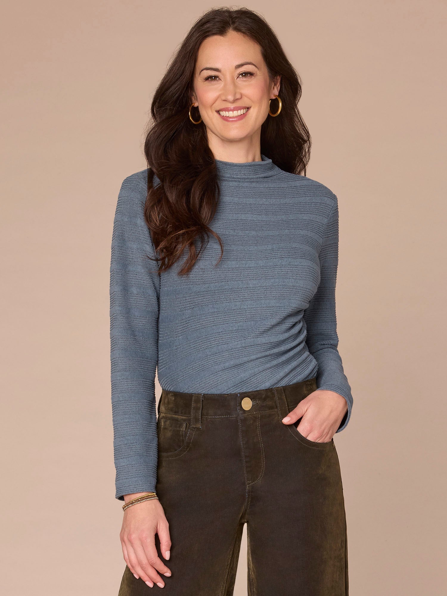 Long Sleeve Mock Neck Asymmetrical Side Ruching Petite Knit Top