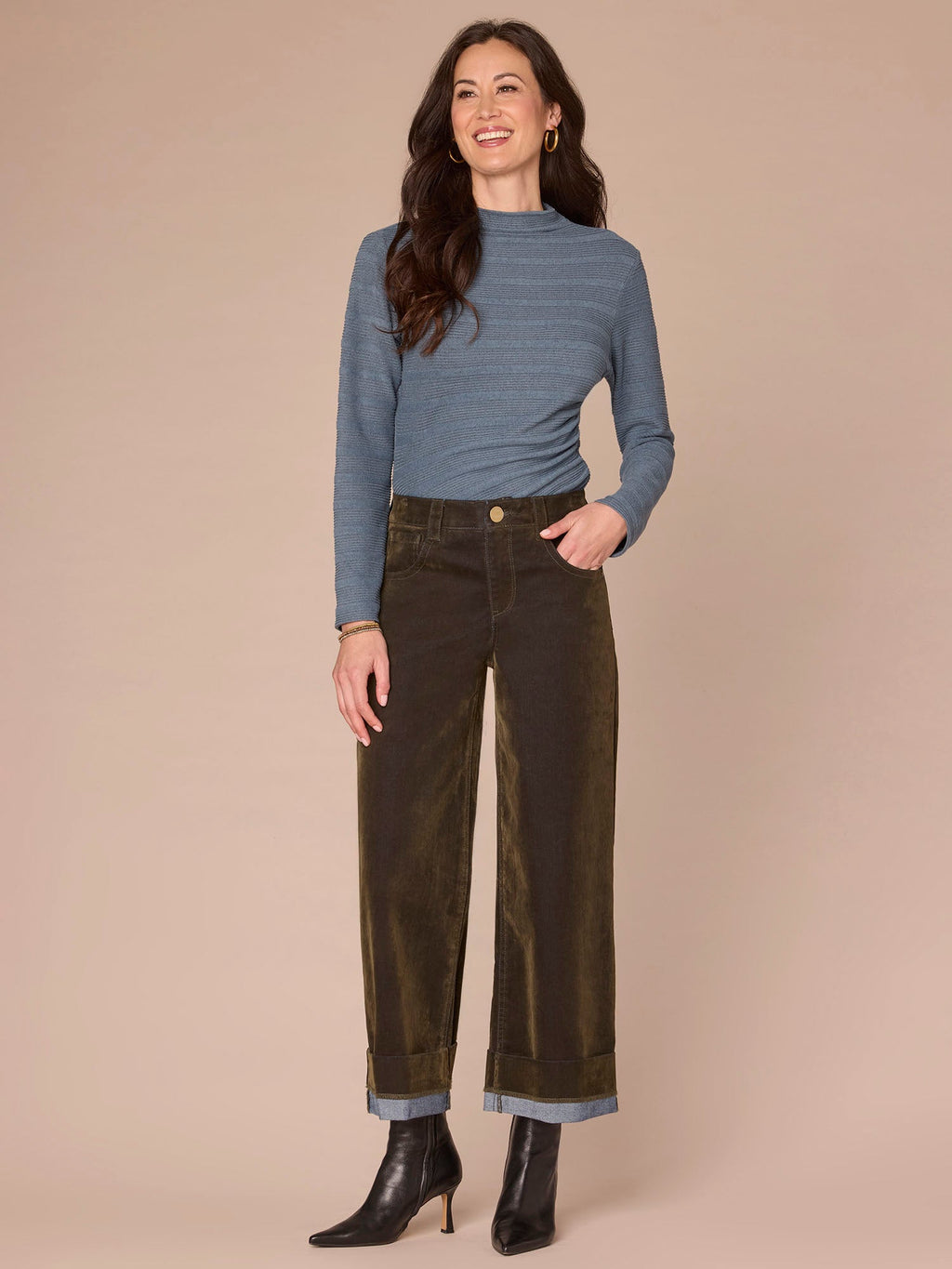 Long Sleeve Mock Neck Asymmetrical Side Ruching Petite Knit Top