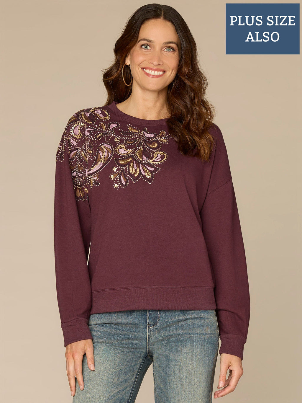 Long Sleeve Crew Neck Beaded Plus Size Knit Sweatshirt