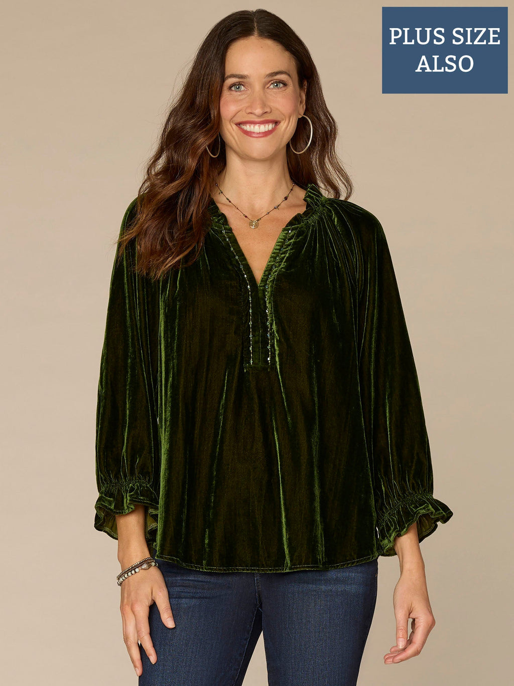 Three Quarter Blouson Sleeve V-Neck Embroidered Plus Size Woven Top