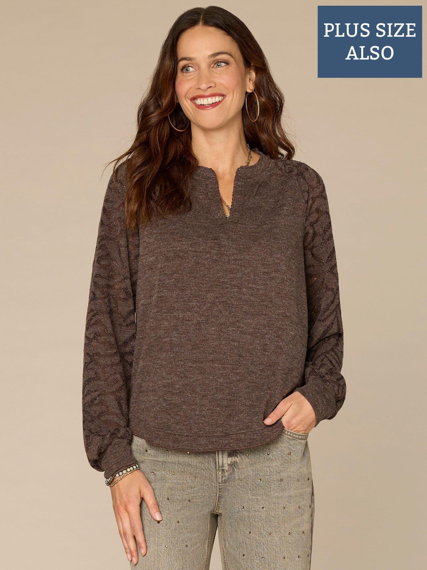 Long Blouson Sleeve Mandarin Collar Mixed Media Plus Size Knit Top