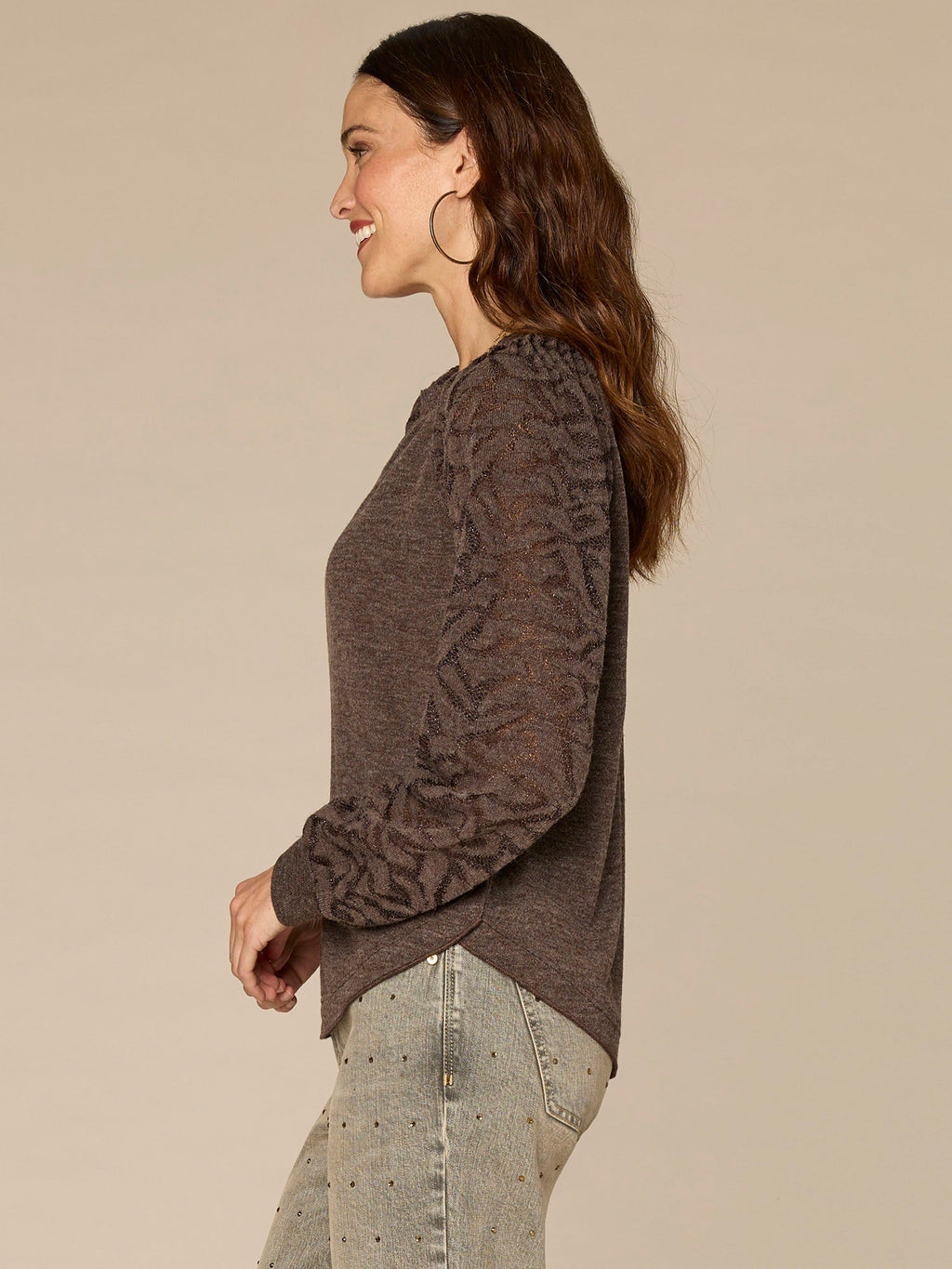 Long Blouson Sleeve Mandarin Collar Mixed Media Plus Size Knit Top