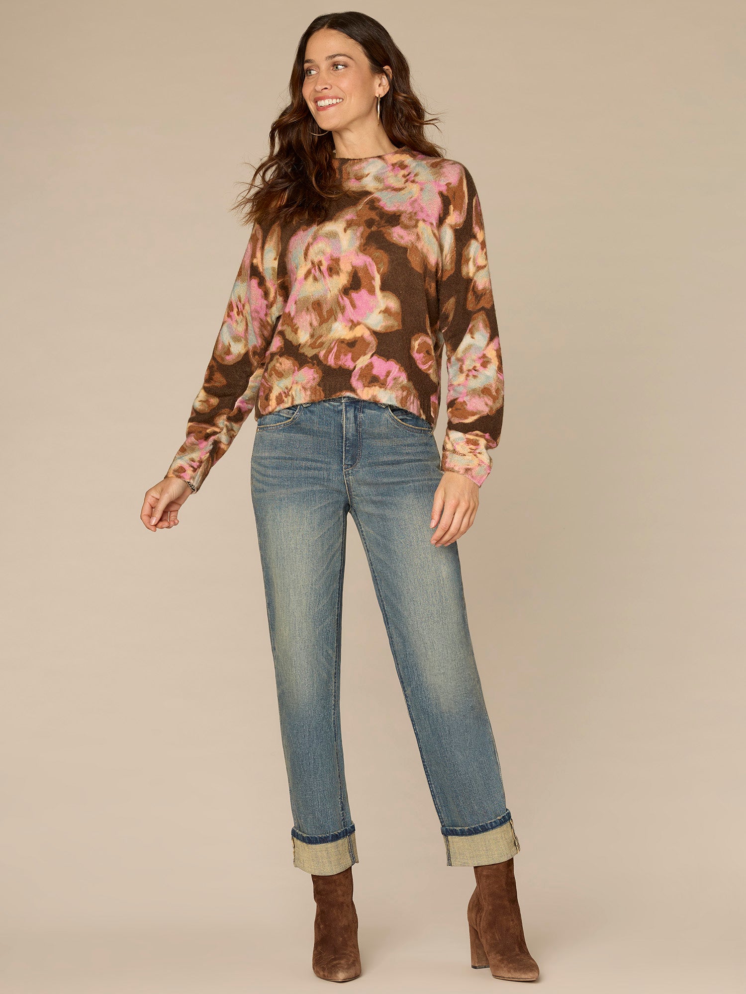 Long Ruched Sleeve Mock Neck Abstract Floral Print Plus Size Sweater