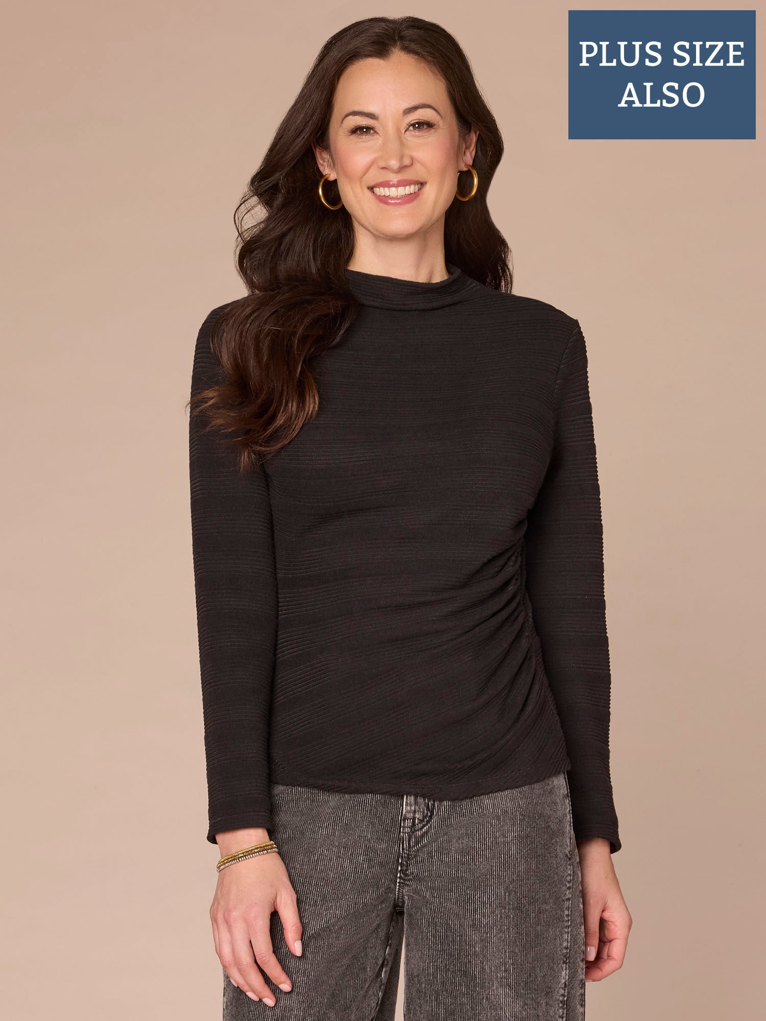 Long Sleeve Mock Neck Asymmetrical Side Ruching Plus Size Knit Top