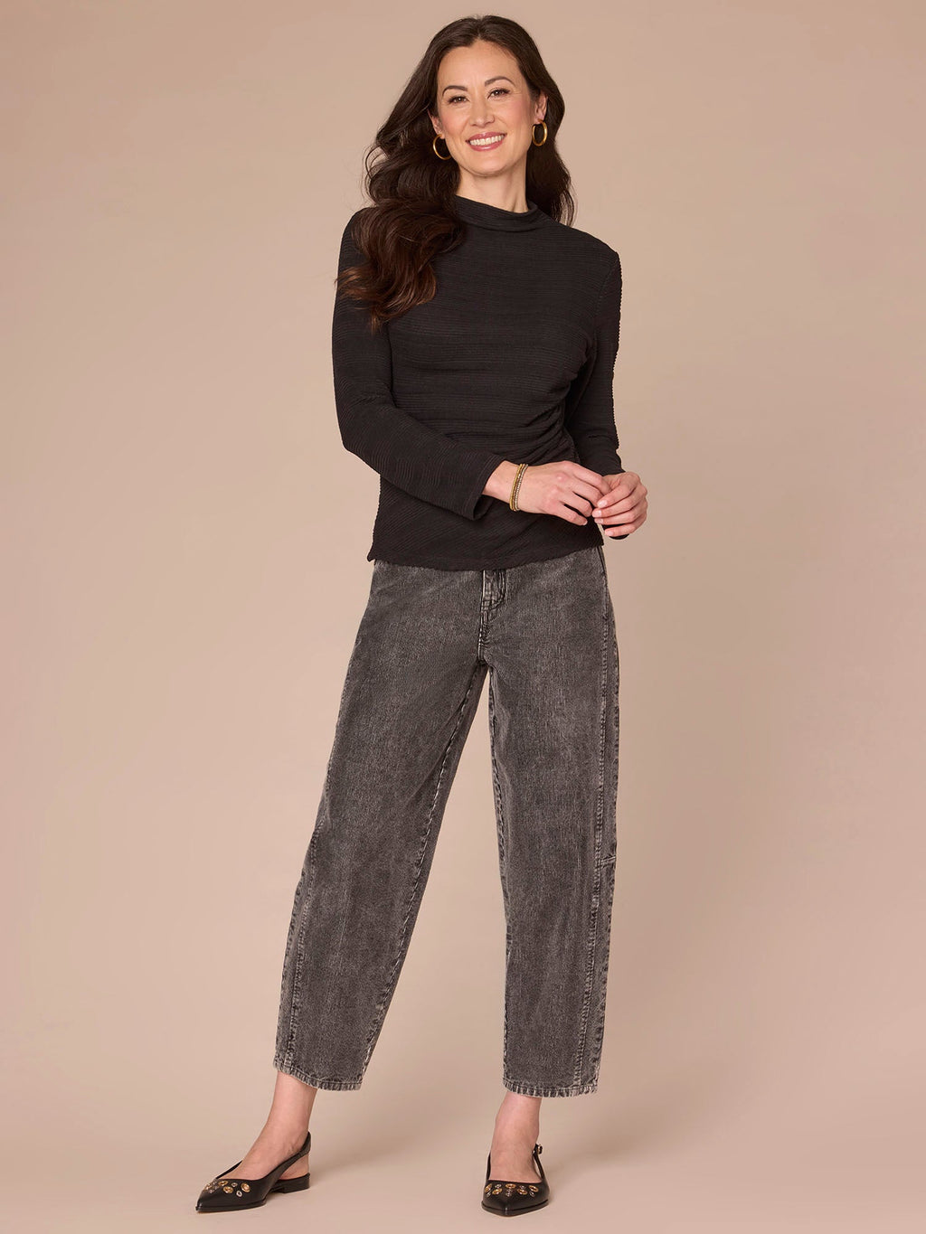 Long Sleeve Mock Neck Asymmetrical Side Ruching Plus Size Knit Top