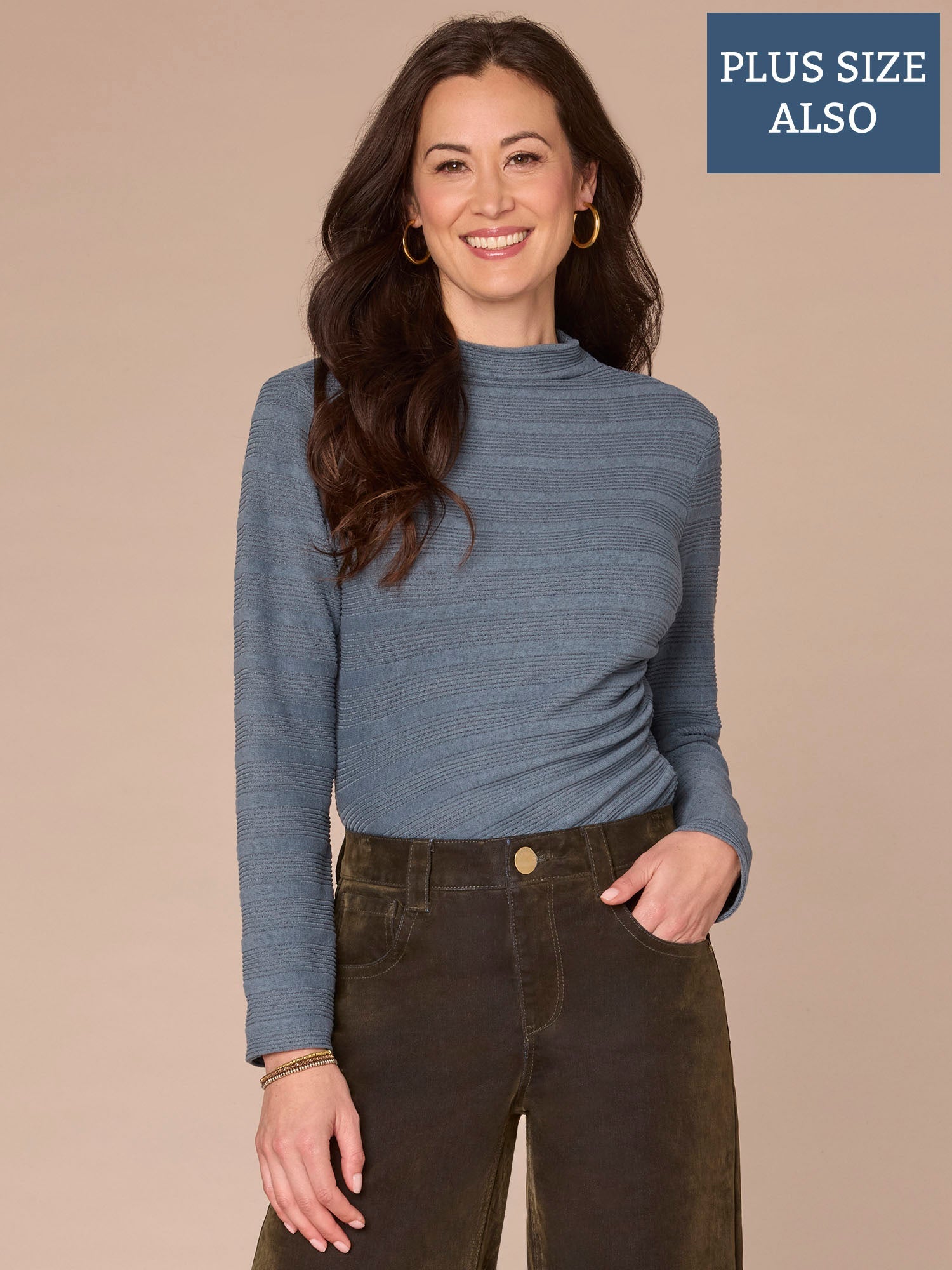 Long Sleeve Mock Neck Asymmetrical Side Ruching Plus Size Knit Top