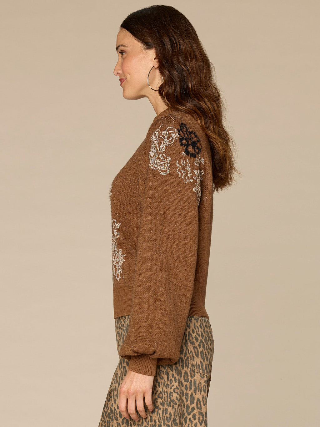 Long Blouson Sleeve Mock Neck Floral Plus Size Jacquard Sweater